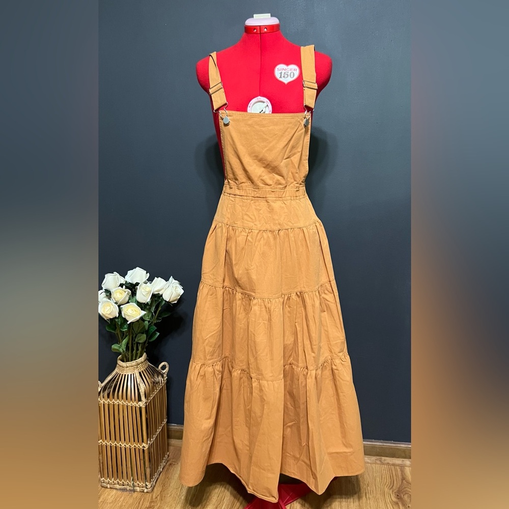 Tiered Tan Pinafore Maxi Dress with Adjustable Straps